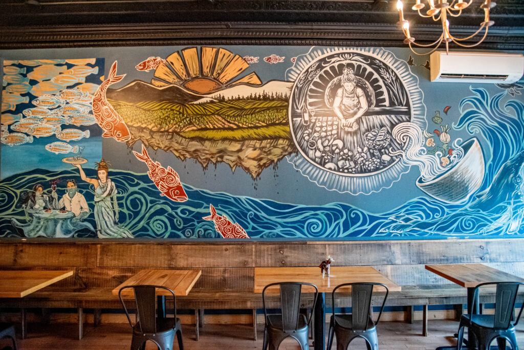 Mural in the dining room of Meridians in Fairfield, Maine